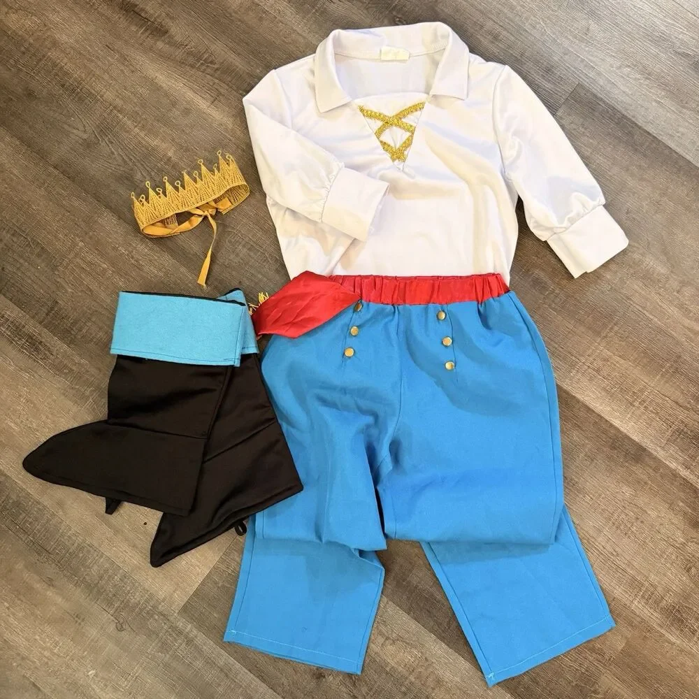 Prince Eric Little Mermaid Costume White Shirt, Blue Pants, Crown, Boot Covers S